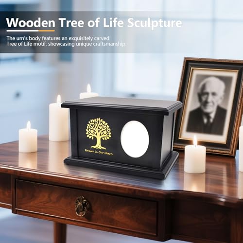 Cremation Urn Adult Human Ashes, Wood Tree of Life Box with Photo Frame | Holds up to 250 lbs, Wooden Urns Box and Casket for Men Women, Black, Dimensions: 10.83"L x 6.89"W x 6.3"H