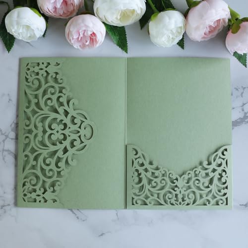 ponatia 20PCS Sage Green Laser Cut Wedding Invitations Pockets, Tri-fold Laser Cut Invitation Pocket for Wedding Birthday Party Bridal Shower Quinceanera Sweet 16 Invite Suitable for 5x7” Inner Sheet - color: Sage Green