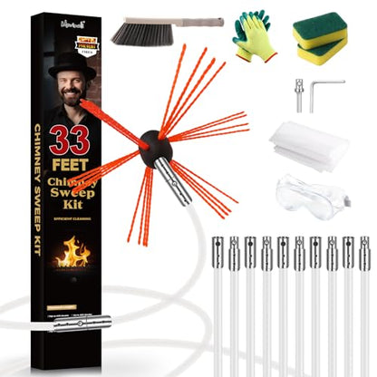 33 Feet Chimney Sweep Kit, Chrome Button Locking System, Chimney Cleaning Kit, Chimney Brush, Chimney Cleaning System with 10 Flexible Chimney Rods - size: 33 FT