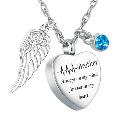 Gredstar Heart Urn Necklace for Ashes, ECG Memorial Pendant | Heartbeat Line, Angel Wing, 12 Birthstones, Stainless Steel, Screw Closure, Funnel & Box Included - style: Brother