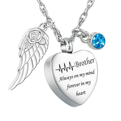 Gredstar Heart Urn Necklace for Ashes, ECG Memorial Pendant | Heartbeat Line, Angel Wing, 12 Birthstones, Stainless Steel, Screw Closure, Funnel & Box Included - style: Brother