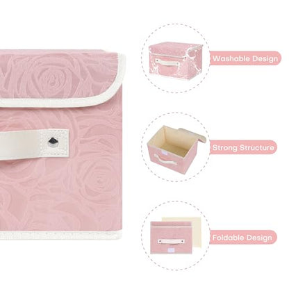 ANMINY Fabric Storage Box Bins with Lids, Rose Print, Pink, 2PCS Small | Keepsake Memory Storage, Nonwoven Fabric, PP Board Frame, Washable, PU Handles, Foldable Stackable, Decorative, 10"x8"x7" - size: Small (Pack of 2)