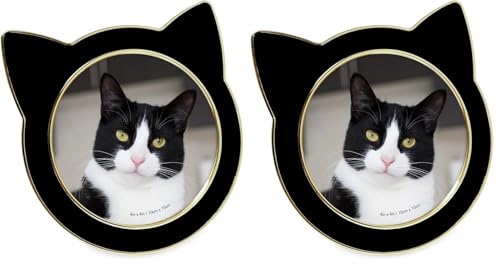 Isaac Jacobs 4x4 Black with Gold Round Enamel Cat Picture Frame w/Ears - Tabletop, Home & Office Décor, (4x4, Black with Gold) (Pack of 2) - color: Black with Gold, size: 4x4 (Pack of 2)