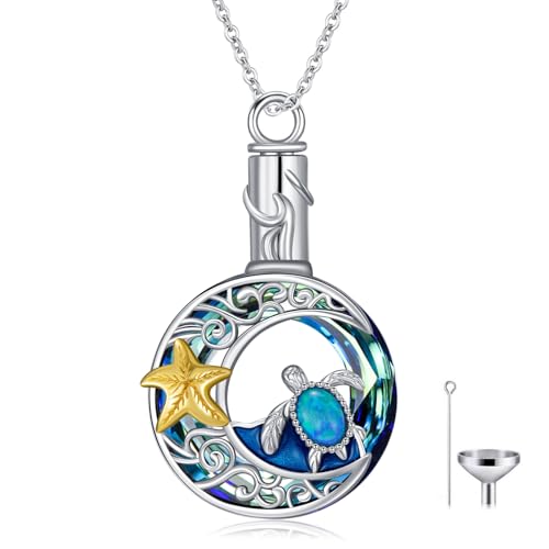 925 Sterling Silver Urn Necklace for Ashes, Teardrop/Tree of Life/Sunflower/Dragonfly/Sea Turtle/Celtic Knot/Elephant/Hummingbird Memorial Cremation Pendant Necklaces for Animal Human Ashes - color: E: Sea Turtle