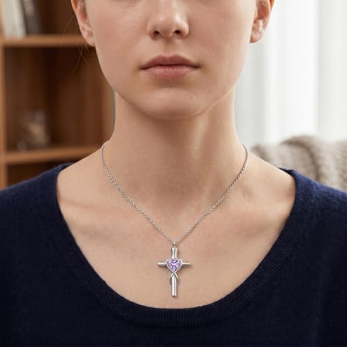 YYB Urn Necklace for Ashes Women Heart Birthstone Cross Cremation Jewelry | Memorial Keepsake Funeral Jewelry for Loved Ones (with Funnel Filler) - color: 06-Jun-Alexandrite