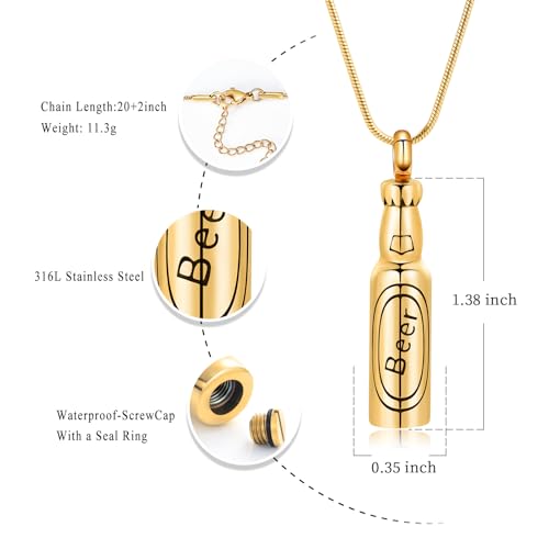Oinsi Beer Bottle Cremation Jewelry for Ashes Stainless Steel Cylinder Tube Memorial Urn Necklace Keepsake Pendant Jewelry for Human Ashes with Filling Kits - color: A-Gold