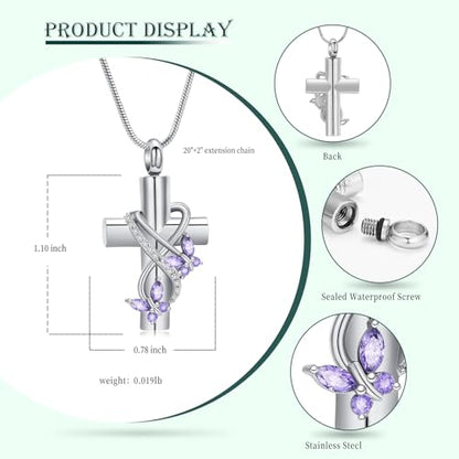 Butterfly Cross Cremation Jewelry Urn Necklaces Stainless Steel Cross Urn Necklaces for Ashes Memorial Keepsake Pendant for Women Gifts With Funnel Kit & Bag - color: Silver+Purple