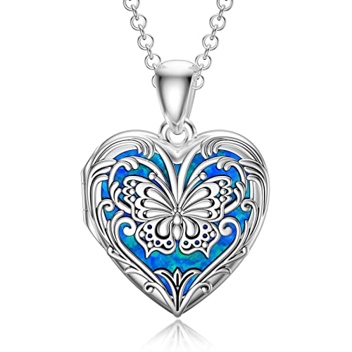 SOULMEET Personalized Silver Locket Necklace That Holds Pictures Photo Keep Someone Near to You, Memorial Custom Lockets Necklaces Letters Engraving for His Her - color: F3-Opal butterfly-Black, style: Locket Necklace Only