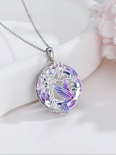 TOUPOP Butterfly Necklace for Women 925 Sterling Silver Tree of Life Butterflies Dragonfly Hummingbird Pendant Necklaces Crystal Jewelry Anniversary Christmas Birthday Gift for Her - color: Hummingbird Purple