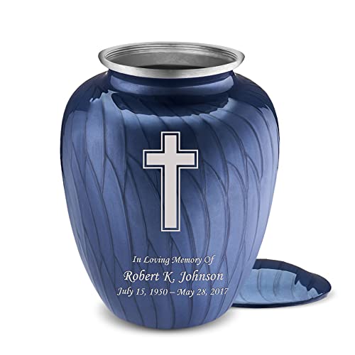 Geturns - Adult Personalized Simple Cross Cremation Urns for Human Ashes I Large Pearl Cobalt Blue Funeral Urn for Men and Women I 200 lbs - color: Pearl Cobalt Blue