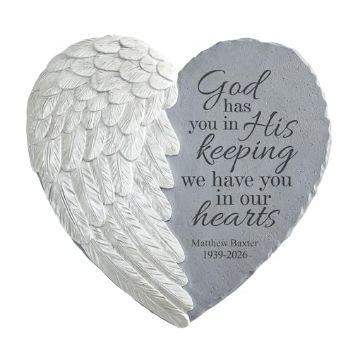 Let's Make Memories Personalized Memorial Garden Stone - Sympathy - Loss of Loved One - Condolences - Indoor/Outdoor - Durable Resin - 3D Wings of Love - in His Keeping - style: In His Keeping