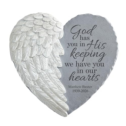 Let's Make Memories Personalized Memorial Garden Stone - Sympathy - Loss of Loved One - Condolences - Indoor/Outdoor - Durable Resin - 3D Wings of Love - in His Keeping - style: In His Keeping