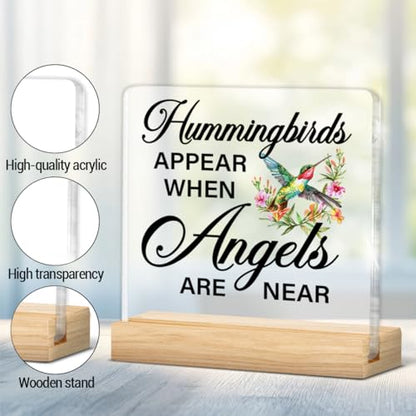 Loss of Loved One Sympathy Gifts, Bereavement Memorial Gifts for Women Men, Hummingbirds Appear When Angels Are Near Acrylic Plaque Sign with Wooden Stand Home Decor0605