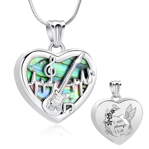 Minicremation Heart Guitar Cremation Pendant Necklace for Ashes Stainless Steel Music Guitar Pick Cremation Keepsake Memorial Urn Necklace - color: Silver&Hummingbird