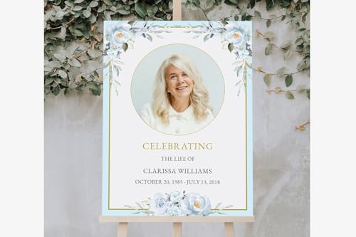 Personalized Custom Funeral Welcome Sign – Editable Celebration of Life Sign with Photo – Blue Flowers Memorial Poster Template – Customizable Funeral Tribute for Women - color: Multi 12