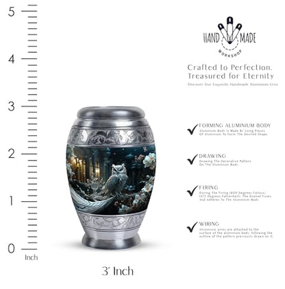 White Owl Sitting White Flower - Small Metal Ashes Urn - Miniature Urns for Ashes - Pack of 4 - Cremation Keepsakes - size: Pack Of 4