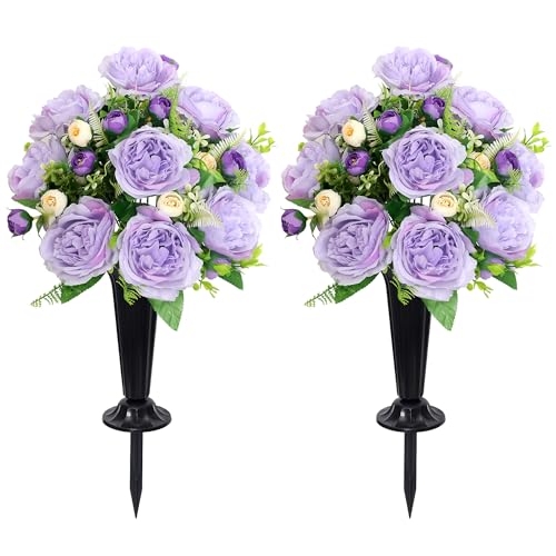 Wocst 2Sets Grave Decorations for Cemetery Memorial Flowers with Vases for Grave Decor Weatherproof,NO-Fading - color: Purple