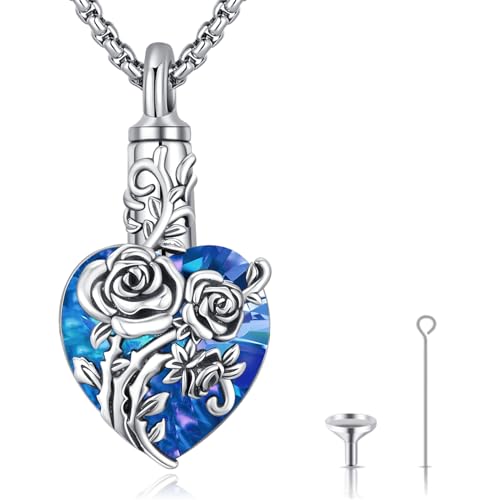 Urn Necklace for Ashes for Women/Men 925 Sterling Silver Cremation Jewelry w/Funnel Filler Memorial Jewelry Gifts - color: A-Rose (Blue Crystal), style: Non - Customized