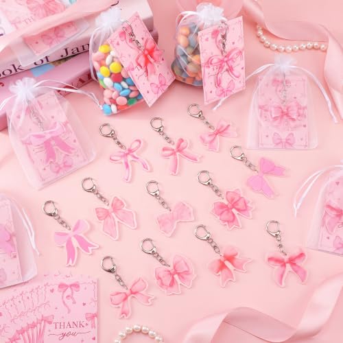 Liliaafar 72 Pcs Pink Bow Party Favors Set Acrylic Coquette Bow Keychains with Thank You Cards & Organza Bags Gifts for Bachelorette Birthday Baby Shower Party Weddings Supplies 12 Styles - style: Pink Bow