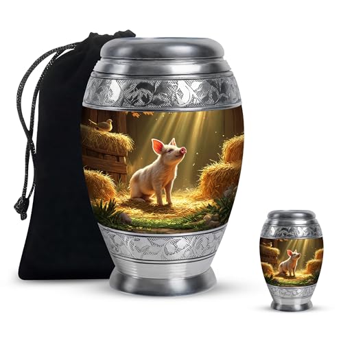 Pig Large Cremation Urns for Human Ashes - Brown Keepsakes for Ashes of Loved Ones - Sunrays Small Urn for Men and Women Remains - Memorial Tiny Urn for Mom 3 Inch, 10 Inch Set - color: Pig-4, size: Combo-1