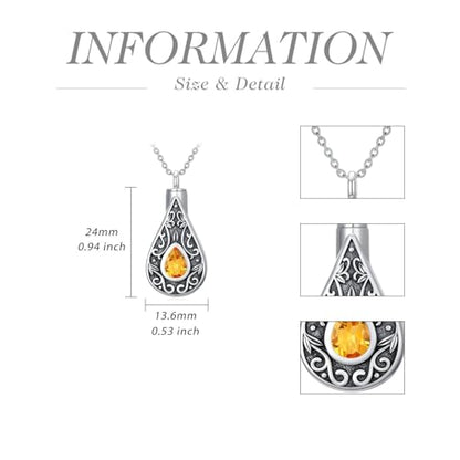 Teardrop Urn Necklace for Ashes Filigree Birthstone Keepsake Pendant Cremation Jewelry for Ashes Memorial Jewelry Gifts for Loss of a Loved One for Women - style: Nov-Citrine