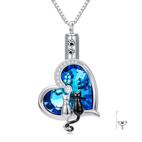 TOUPOP Sterling Silver Urn Necklace for Ashes with Crystal Memorial Keepsake Dragonfly/Butterfly/Cardinal/Cat/Dolphin Cremeation Jewelry Birthday Mothers Day Christmas Gifts for Her Women - style: Two Cats
