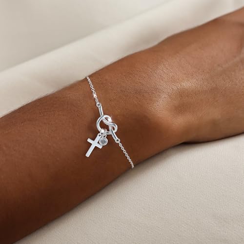 Moodear Cross Bracelet for Women, Dainty Sterling Silver/Gold Plated Gift | Christian Religious Gifts for Teen, Stocking Stuffers, Adjustable Link Bracelets, Sparkling CZ Cross, Non Tarnish Jewelry - color: Silver Knot Cross Bracelet