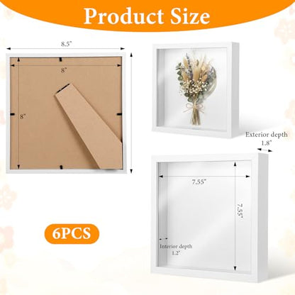 6 Pcs Shadow Box Frame, 8 x 8 Inch Shadow Box White Wood Hollow Photo Frame with Clear Acrylic Front Multipurpose Shadowbox Display Cases for Photos, Dried Flowers, Memorabilia, DIY Craft
