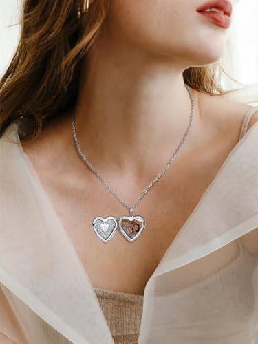 FindChic Locket Necklace for Women Custom Photo Memorial Gifts Multi-Shaped | Silver/Black/Rose Gold/Gold Plated Personalized Gifts for Loved Ones, Birthday Valentine's Day Keepsake - color: Silver-Heart to Heart