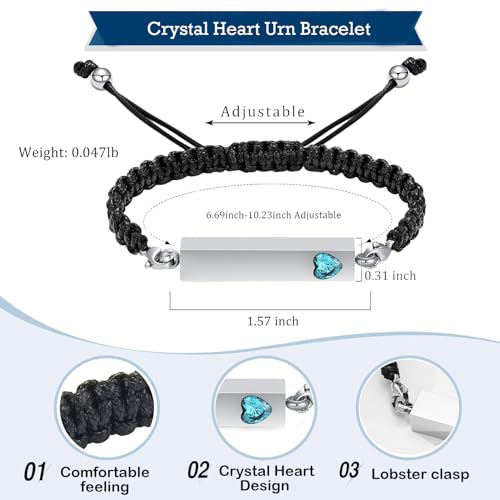 Hearbeingt Crystal Heart Cremation Jewelry Bar Urn Bracelet for Ashes - color: Silver-Light Blue stone