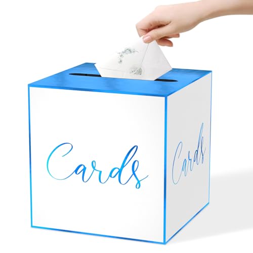 White Card Box for Party, 8.7" Blue Foil Gift Cards Receiving Box Holder for Wedding, Bridal Shower, Graduation, Birthday, Retirement, Baby Shower, Anniversaries Party Decorations - color: White Cards Blue Foil