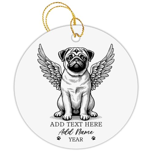Pug Memorial Ornaments for Christmas Tree, Personalized Pencil Drawing Pug Ornament Xmas 2026, Custom Pug with Angel Wings Ornament, Dog Loss Sympathy Gifts for Dog Mom Dad Family Friends - color: Pug Memorial Ornament