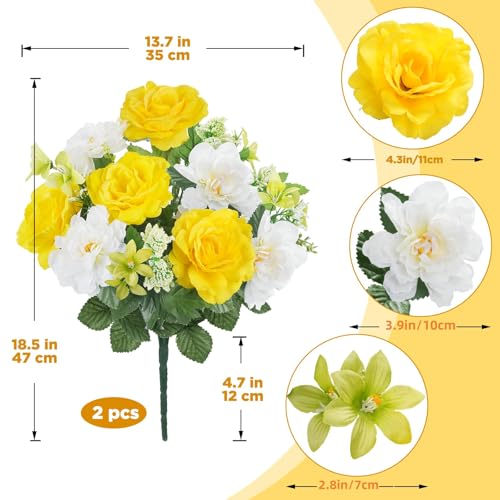 Cemetery Flowers for Grave 2pcs Artificial Yellow Rose for Outdoors - color: Yellow White-2pcs