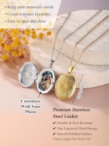 Custom Photo Locket Necklace Women Personalized Text Birth Flower Necklace that Hold Picture Stainless Steel Memorial Jewelry for Mothers Day Christmas - color: Silver Floral Lokcet Necklace