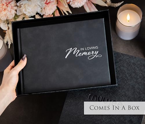 in Loving Memory Funeral Guestbook w/Pen & Box (Design 1) - 9.5 x 7 Black Hardcover with Sliver Embossing, 60 Lined Pages - Memorial Service & Celebration of Life Guest Book Keepsake - color: Design 1