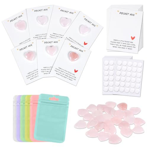 28 Sets Bulk Pocket Hug Little Heart Worry Stone Keepsake Exchange Relationship Cards for Colleagues Family Distance Social Celebration of Life Gift (Rose quartz) - color: Rose Quartz