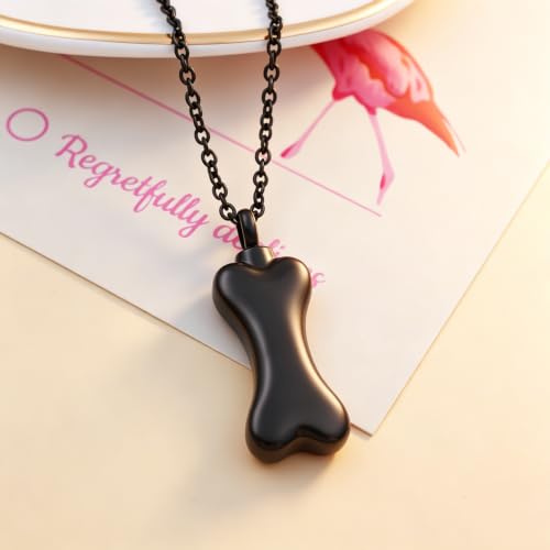 Custom Dog Bone Memorial Pendant Necklace with Paw Print, Stainless Steel Personalized Pet Cremation Jewelry Puppy Animal Urn Pendant Best Friends Friendship Pet Keepsake Gifts Dog Urn Necklace for Ashes for Dog Lovers - color: Black