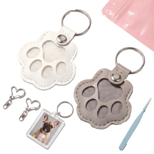 Leather Pet Fur Keepsake Keychain Gift, 2 Pcs - color: White & Gray