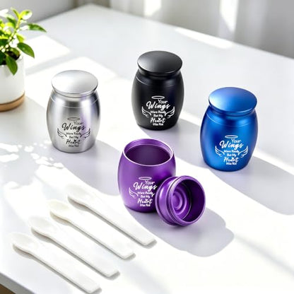 Set of 4 Small Keepsake Urns for Ashes, Angel Wings Design, Mix | Aluminum construction, Secure screw lid, Individual velvet bags, Sharing keepsakes, Travel friendly, Human or pet remembrance - color: Multicolor