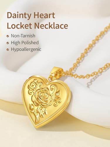 FindChic Locket Necklace for Women Custom Photo Memorial Gifts Multi-Shaped - color: Gold-Embossed Heart