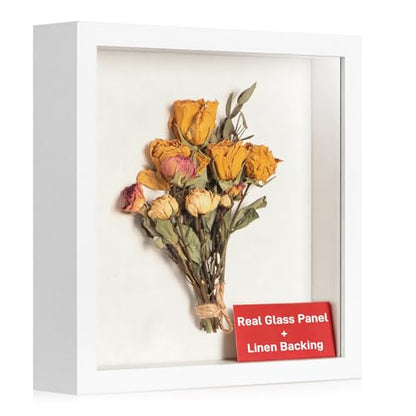 8x8 Shadow Box Frame with Ultra-Clear Glass & Soft Linen Back - color: White+high Definition Panel + Shatter-proof Packaging, size: 8x8