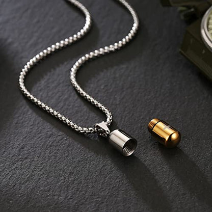 STWTR Stainless Steel Cylindrical Souvenir Capsule Pill Pendant Necklace, Cremated Ashes Pill Container Necklace - color: Gold