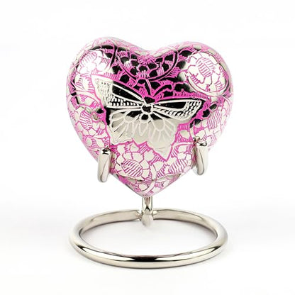 Heart Shaped Brass Small Urn for Human Ashes Keepsake with Engraved Butterfly – Mini Cremation Urn with Velvet Box & Brass Stand – Memorial Keepsake for Ashes of Adult Male, Female and Infant (Pink) - color: Pink