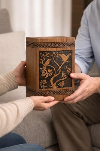 Urn for Ashes – Parrot & Tree Engraved Memorial Urn Box, Decorative Cremation Urn, Premium Wood Display[Available urn Box in 5 Different Sizes] ((Full Size 14X7.5 600 Cubic INCHES))