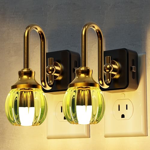 L LOHAS LED Night Lights Plug into Wall, 3000K Soft White | Floral Night Lights with Dusk to Dawn Sensor, 0-100lm Adjustable Brightness, for Hallway Bedroom Stairway - color: Gold Ring-Green Tulip, size: 2 Pack