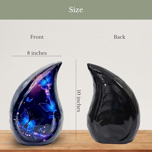 Teardrop Cremation Urn for Human Ashes, Hand Painted Blue Butterfly Galaxy Design, 6 Inch, with Velvet Bag