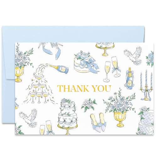 Crisky 50 Pack Blue Gold Foil Wedding Thank You Cards with Envelopes, 4x6 with Elegant Wedding Element Color Printing Pattern, 300gsm Thank You Cards Premium Cardstock, Bulk Cards for Wedding, Bridal Shower Decoration - color: Blue Gold Foil