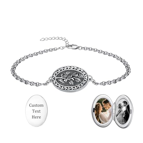Birth Flower Photo Locket Bracelet 925 Sterling Silver 12 Month Locket Bracelet with Picture Birth Flower Photo Jewelry Gifts for Women Mother Mom Daughter - style: 12-December-Holly-Custom