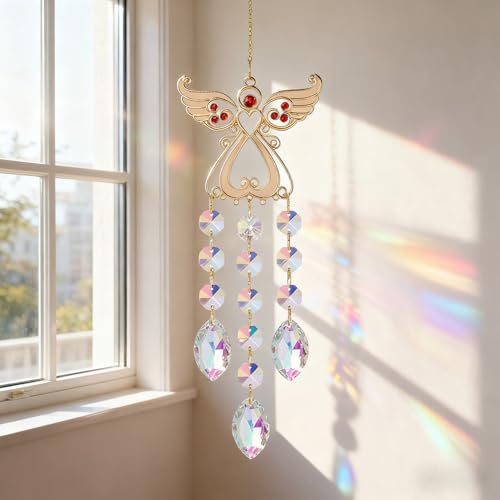 Angel Sun Catcher with Crystal, White and Silver, Metal and Crystal, 15 Inch, Hanging Wind Chime Ornament for Windows, Garden, Home Decor, Wedding, Christmas Tree (Red) - color: Red