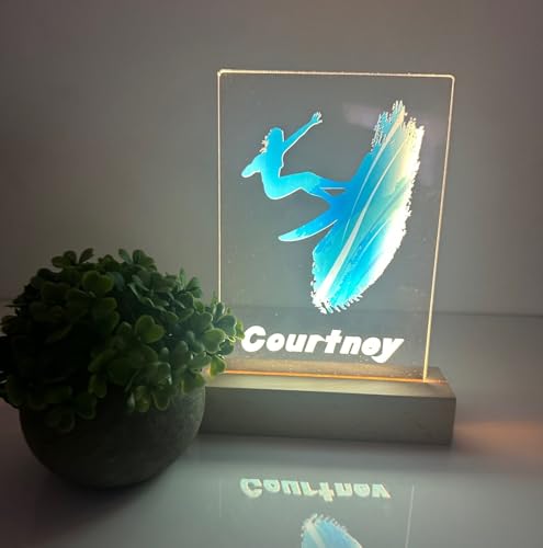 MIRROR MANIA Female Surfer Sports Fan Surf Girl Sports Themed Surf Wood Base Light UP Lamp Night Light LED Personalized Name Room Decor Made in America!